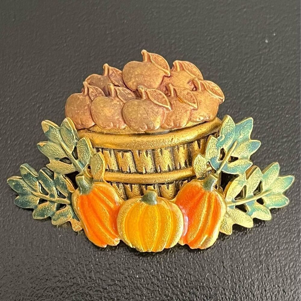 Fall Brooch Pin Autumn Pumpkin Apples In A Basket Vintage KC Kenneth Cole